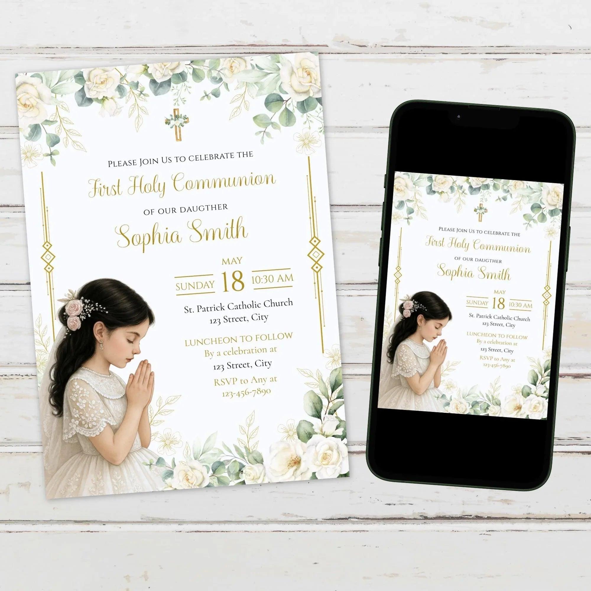 Elegant First Communion Invitation Girl | White Floral Gold Cross Editable Corjl Template | Digital Holy Communion Party Invite - Lovely Printable Party
