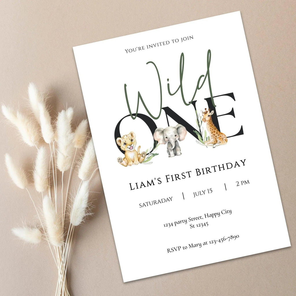 Wild One First Birthday Invitation Editable | Safari Jungle Party Invite Corjl | Digital Animal Birthday Card for Boy - Lovely Printable Party
