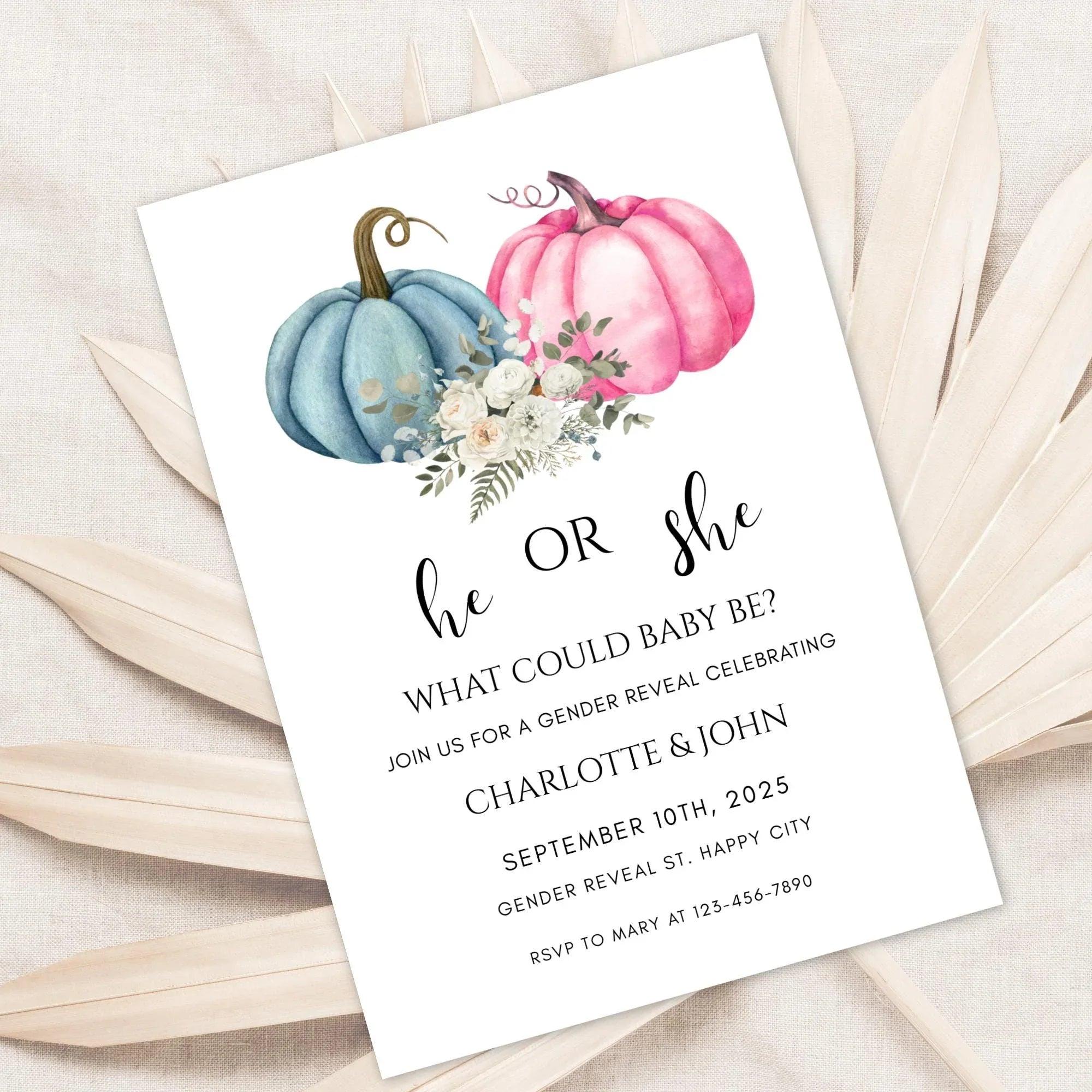 He or She Pumpkin Gender Reveal Invitation – Fall Baby Shower – Editable Template – Corjl Digital Download - Lovely Printable Party