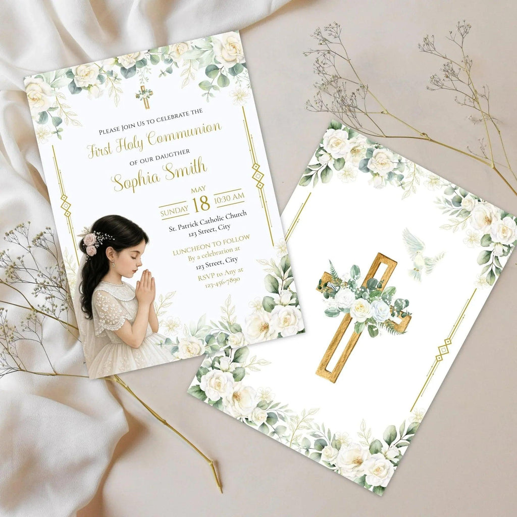 Elegant First Communion Invitation Girl | White Floral Gold Cross Editable Corjl Template | Digital Holy Communion Party Invite - Lovely Printable Party