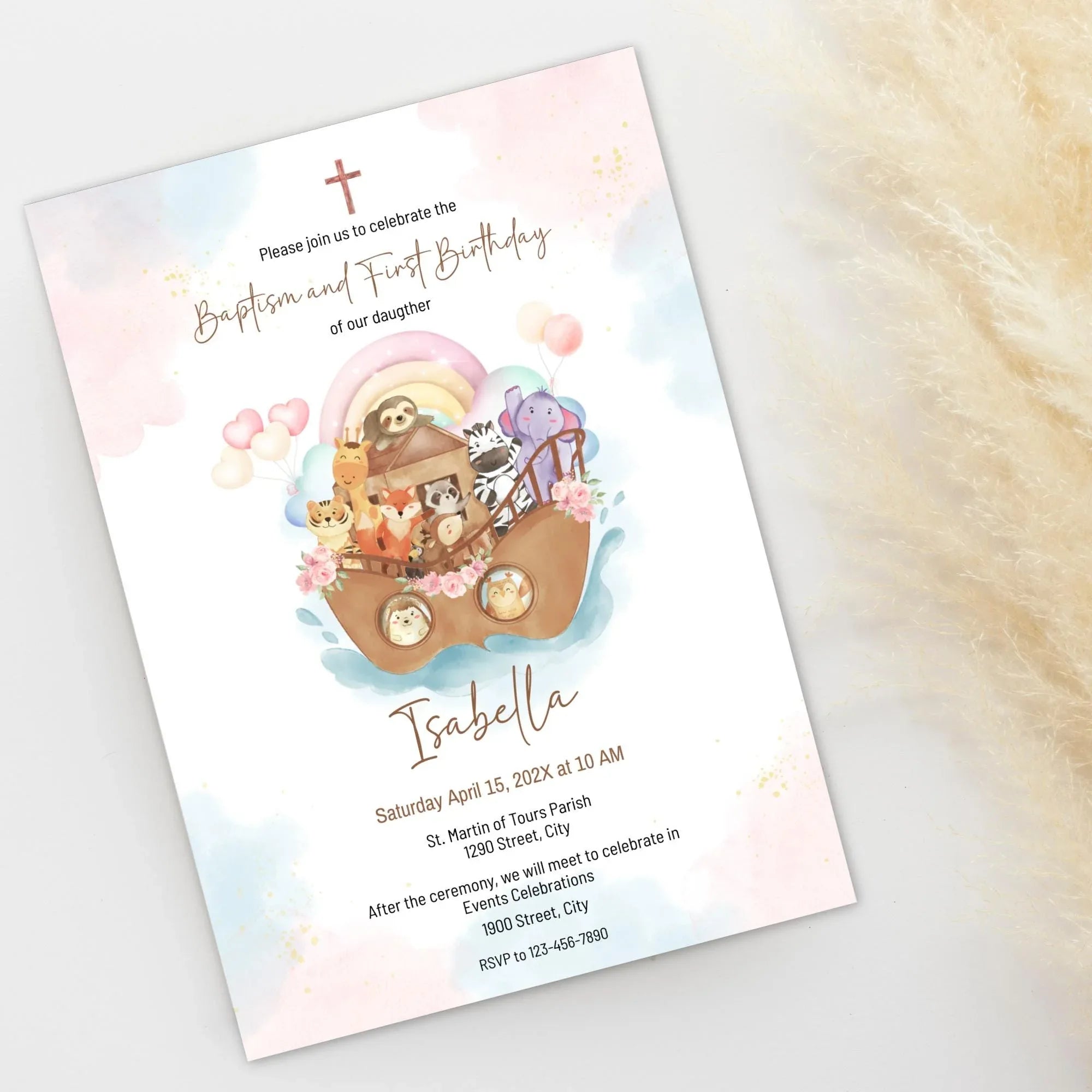 Girl Noah's Ark Baptism and First Birthday Invitation - Lovely Party