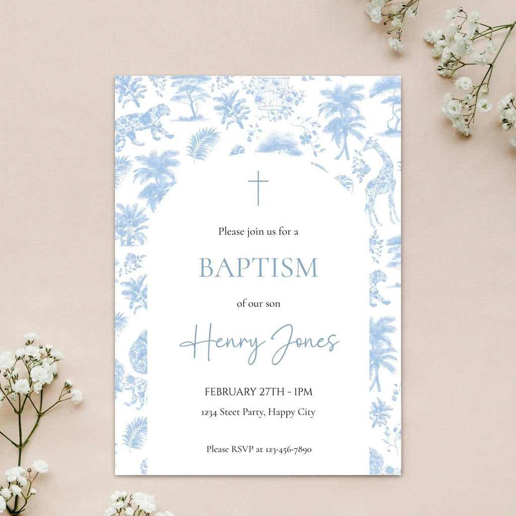Boy Baptism Invitation Safari Toile | Blue Jungle Editable Corjl Template | Digital Christening Invite - Lovely Printable Party