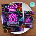 Personalized Neon Bowling Party Invitation and Tag Template, Digital Download for Kids' Birthday or Bowling-Themed Event - Lovely Printable Party