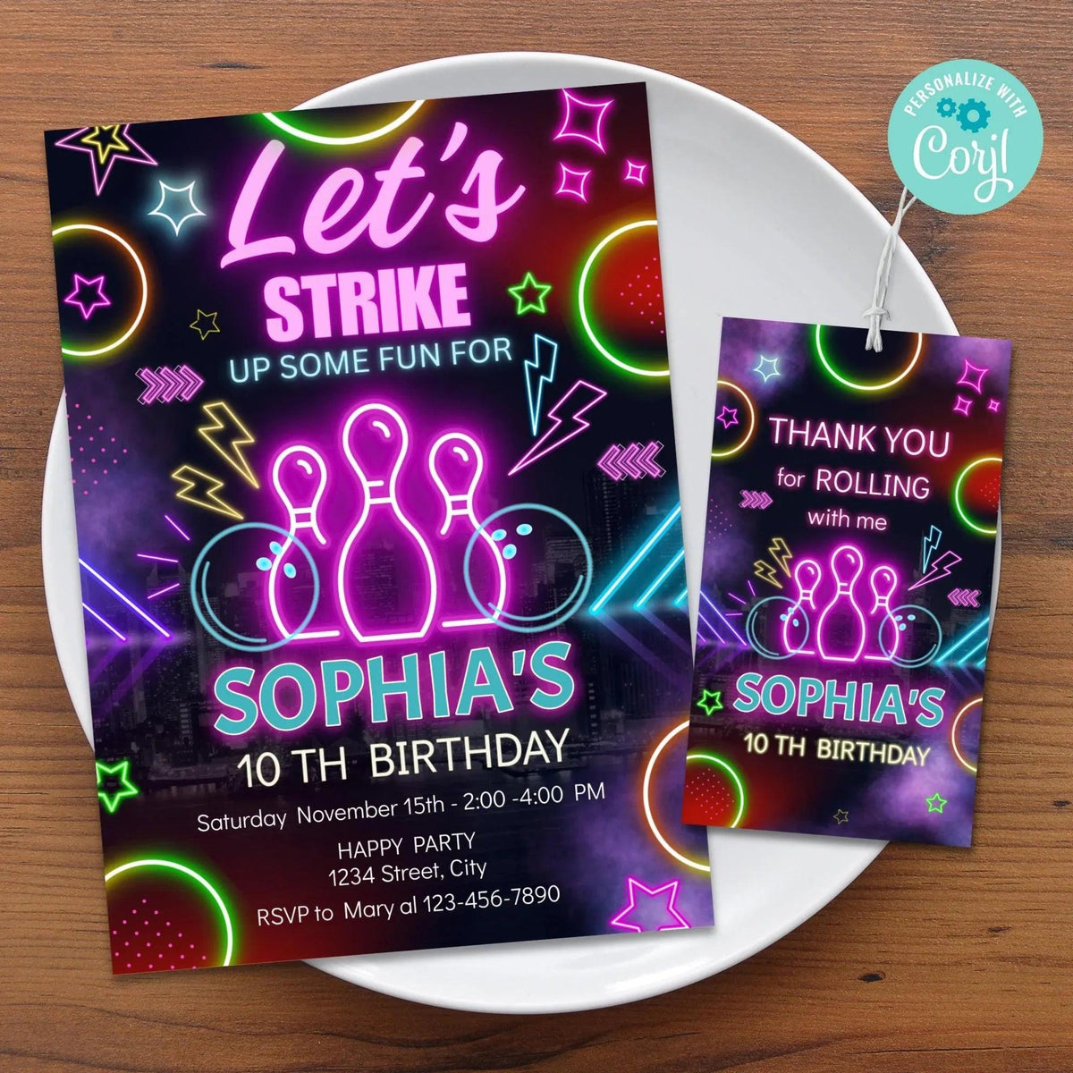 Personalized Neon Bowling Party Invitation and Tag Template, Digital Download for Kids' Birthday or Bowling-Themed Event - Lovely Printable Party