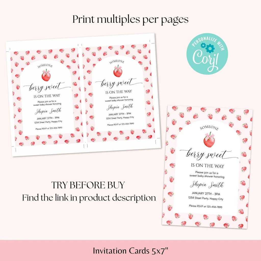 Strawberry Baby Shower Invitation Template, Berry Sweet Baby on the Way Invite, Berry Sweet Invitation, Printable Invite, Shower Evite - Lovely Printable Party