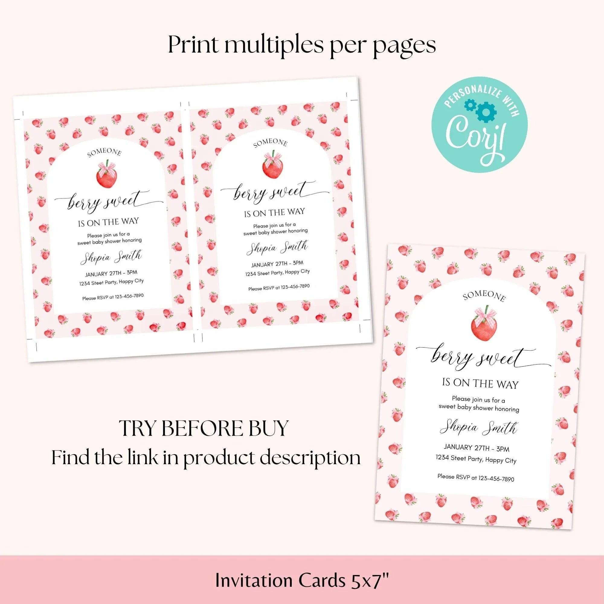 Strawberry Baby Shower Invitation Template, Berry Sweet Baby on the Way Invite, Berry Sweet Invitation, Printable Invite, Shower Evite - Lovely Printable Party