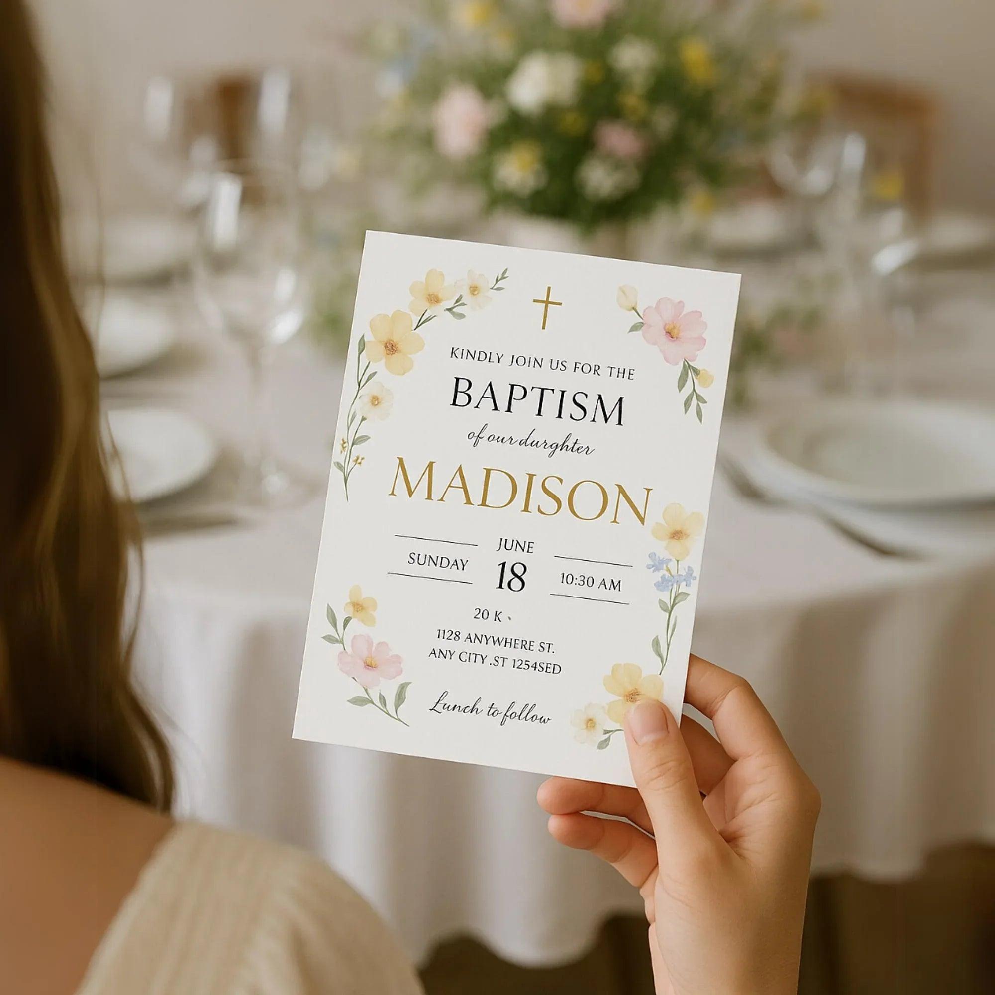 Wildflower Baptism Invitation Template – Digital Download for Baby Girl Christening – Editable Floral Printable with Gold Accents - Lovely Printable Party