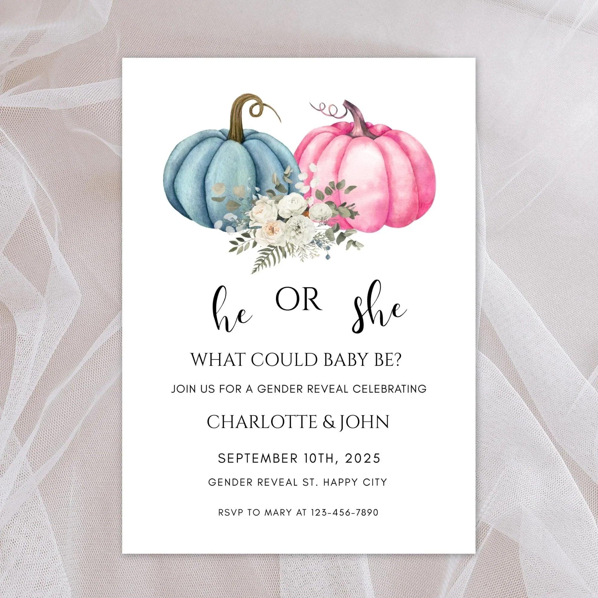 He or She Pumpkin Gender Reveal Invitation – Fall Baby Shower – Editable Template – Corjl Digital Download - Lovely Printable Party