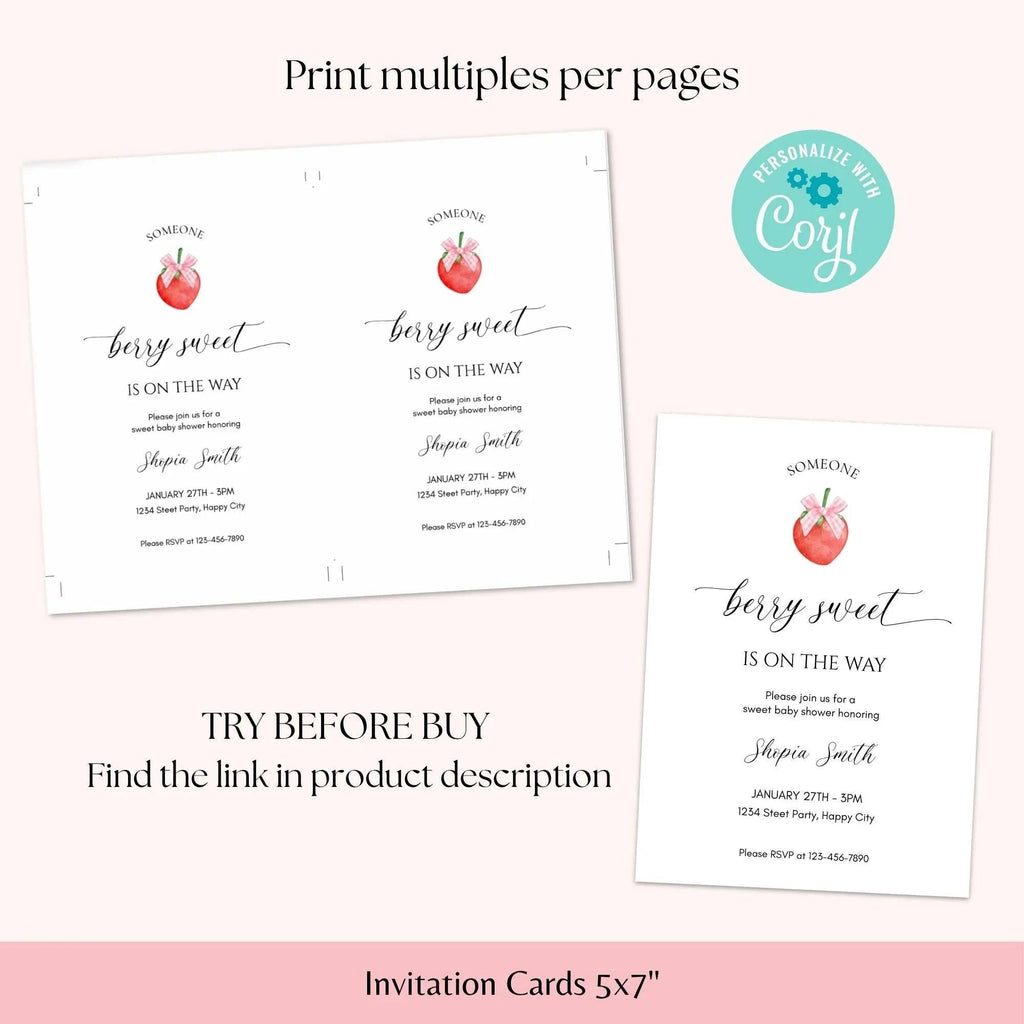 Strawberry Baby Shower Invitation Instant Download Digital Template - Lovely Printable Party
