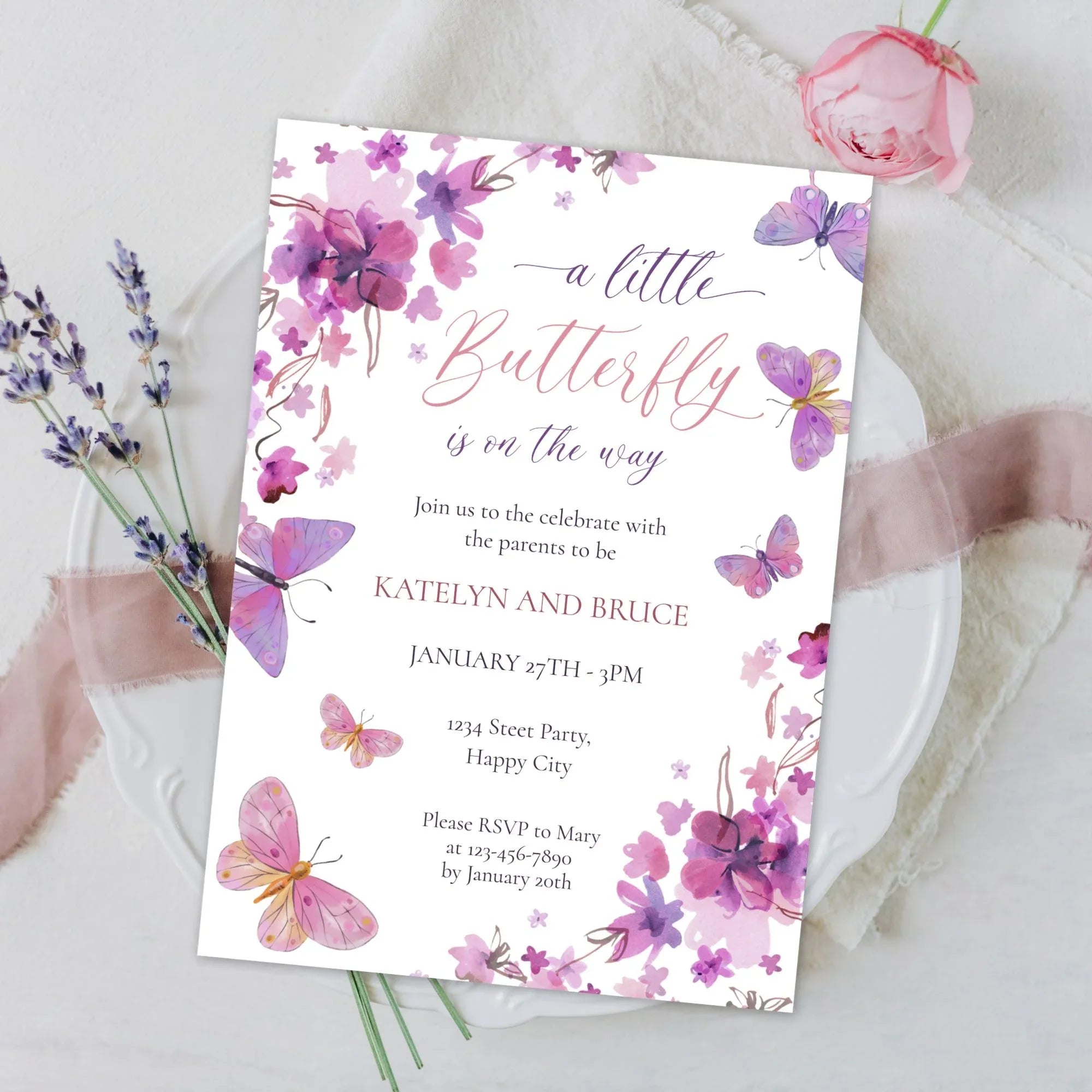 Butterfly Baby Shower Invitation - Pink Purple Corjl Template - Lovely Party