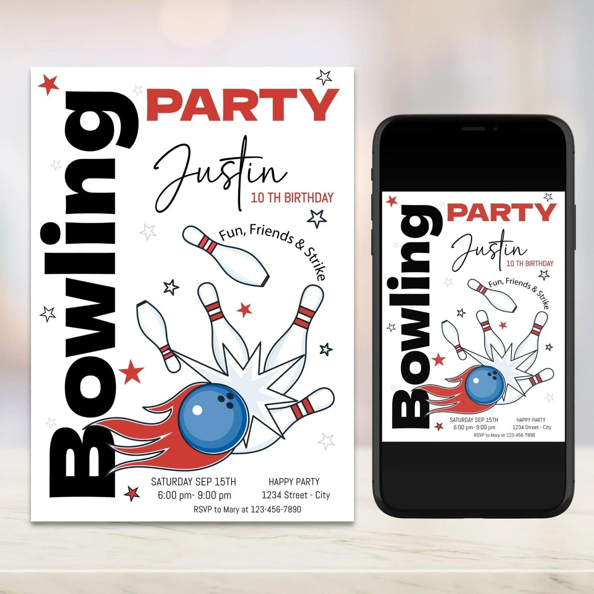 Editable Bowling Birthday Invitation Minimalist - Bowling Birthday Invitation - Bowling Party -Customizable template - Lovely Printable Party
