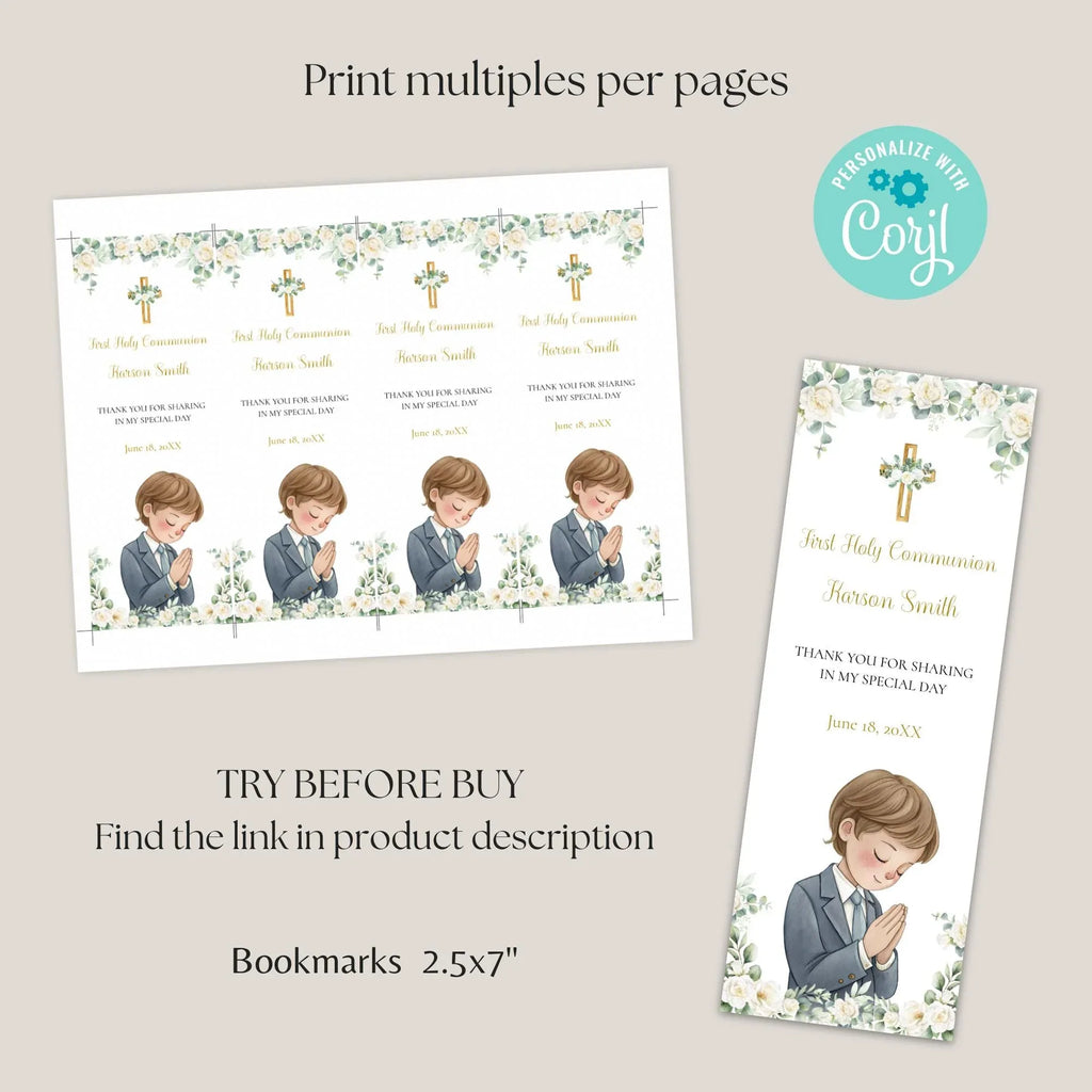 White and green Flowers First Communion Bookmark - Lovely Party