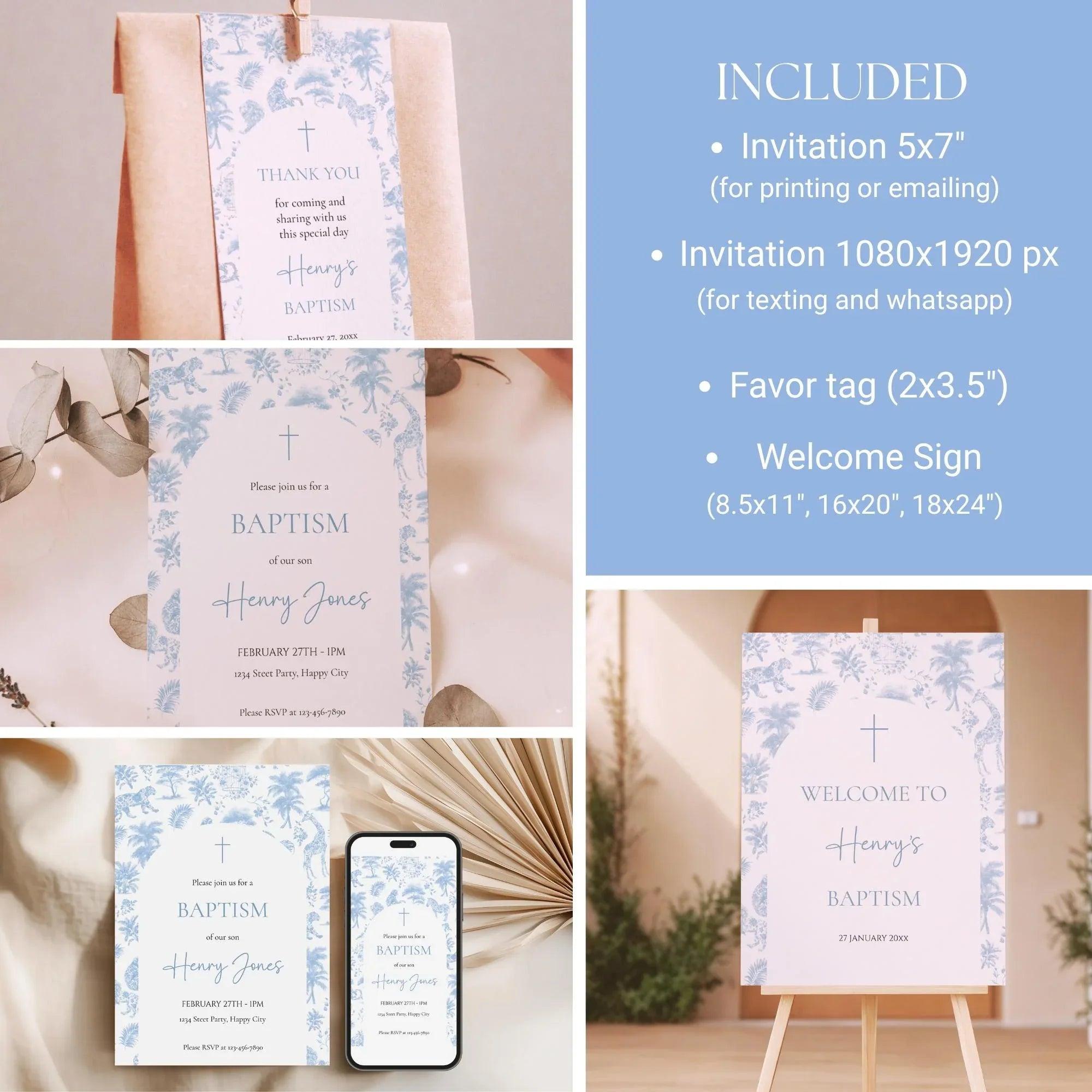 Blue Toile de Jouy Baptism Bundle – Invitation, Welcome Sign & Favor Tag – Safari Jungle Animals Party Set – Editable and Printable - Lovely Printable Party