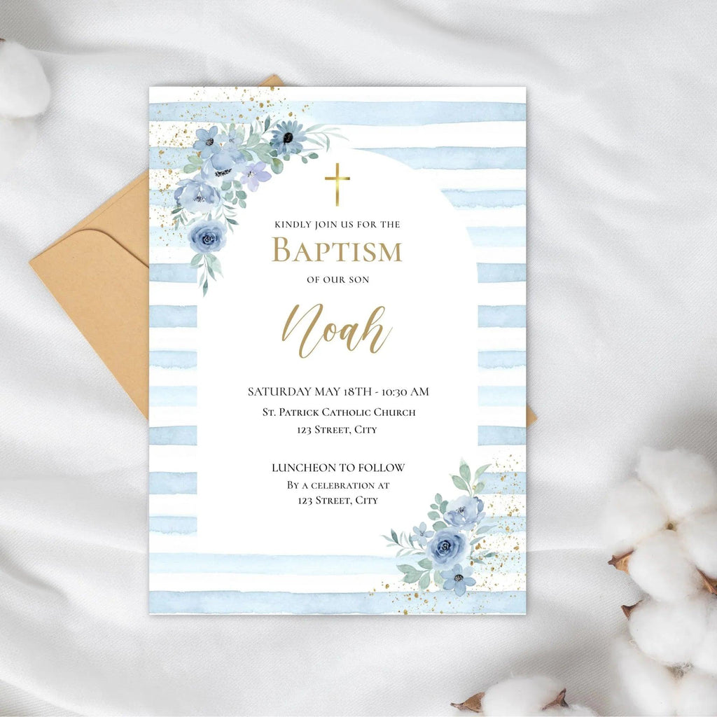 Editable Boy Baptism Invitation – Blue Floral Corjl Template – Printable Christening Invite Digital Download - Lovely Printable Party