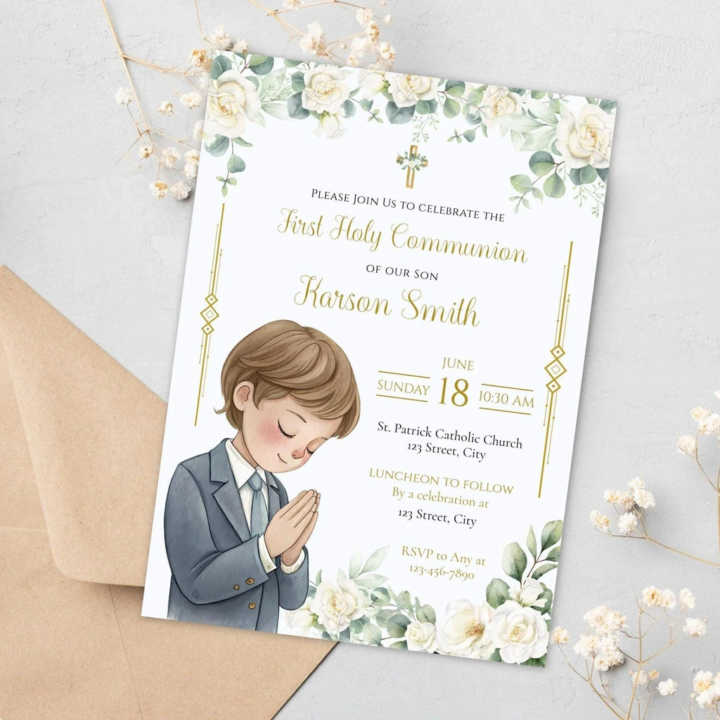 First Communion Invitation Flowers white and green - Lovely Printable Party