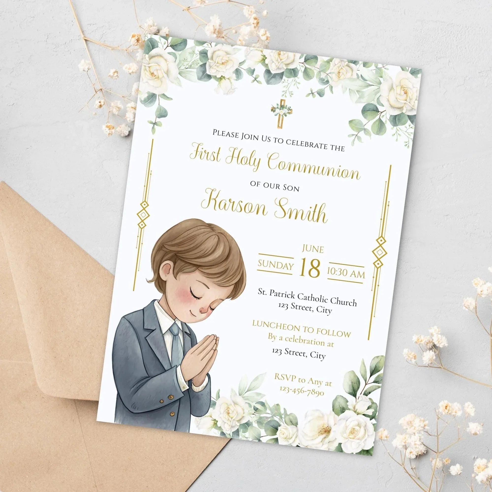 First Communion Invitation Flowers white and green - Lovely Party