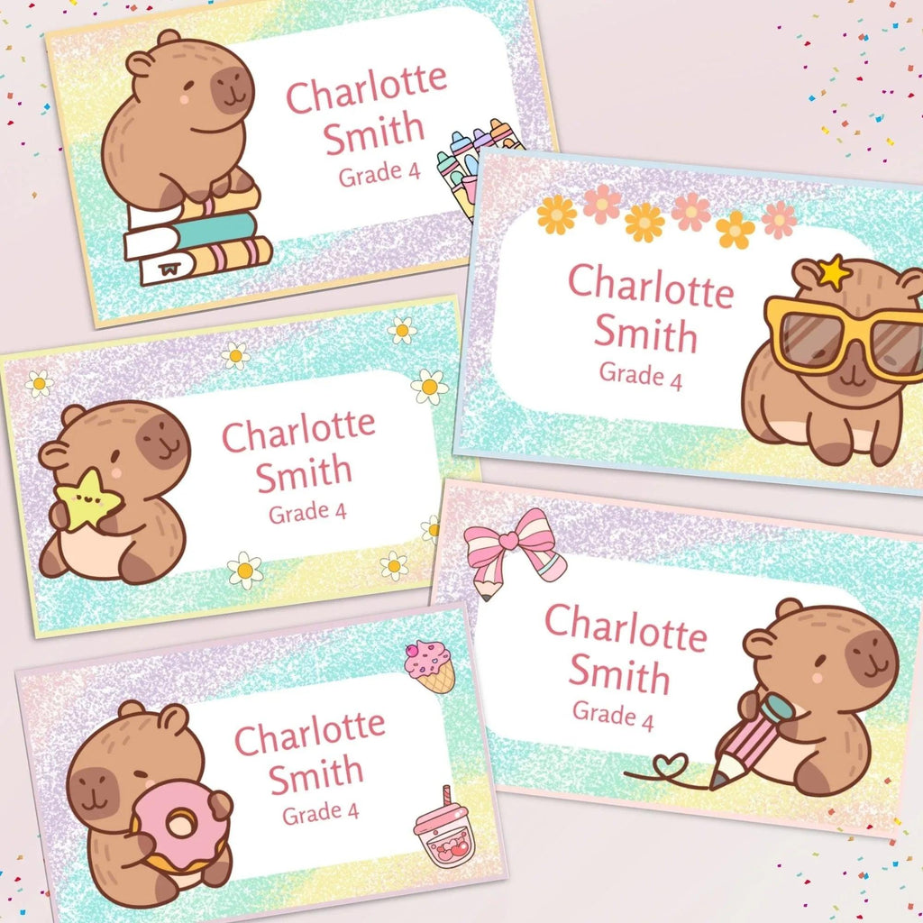 Kawaii Capybara School Name Labels – Cute Kawaii Capybara Sticker Set – Pastel Donut & Laptop Designs – Printable Name Tags for Kids - Lovely Printable Party