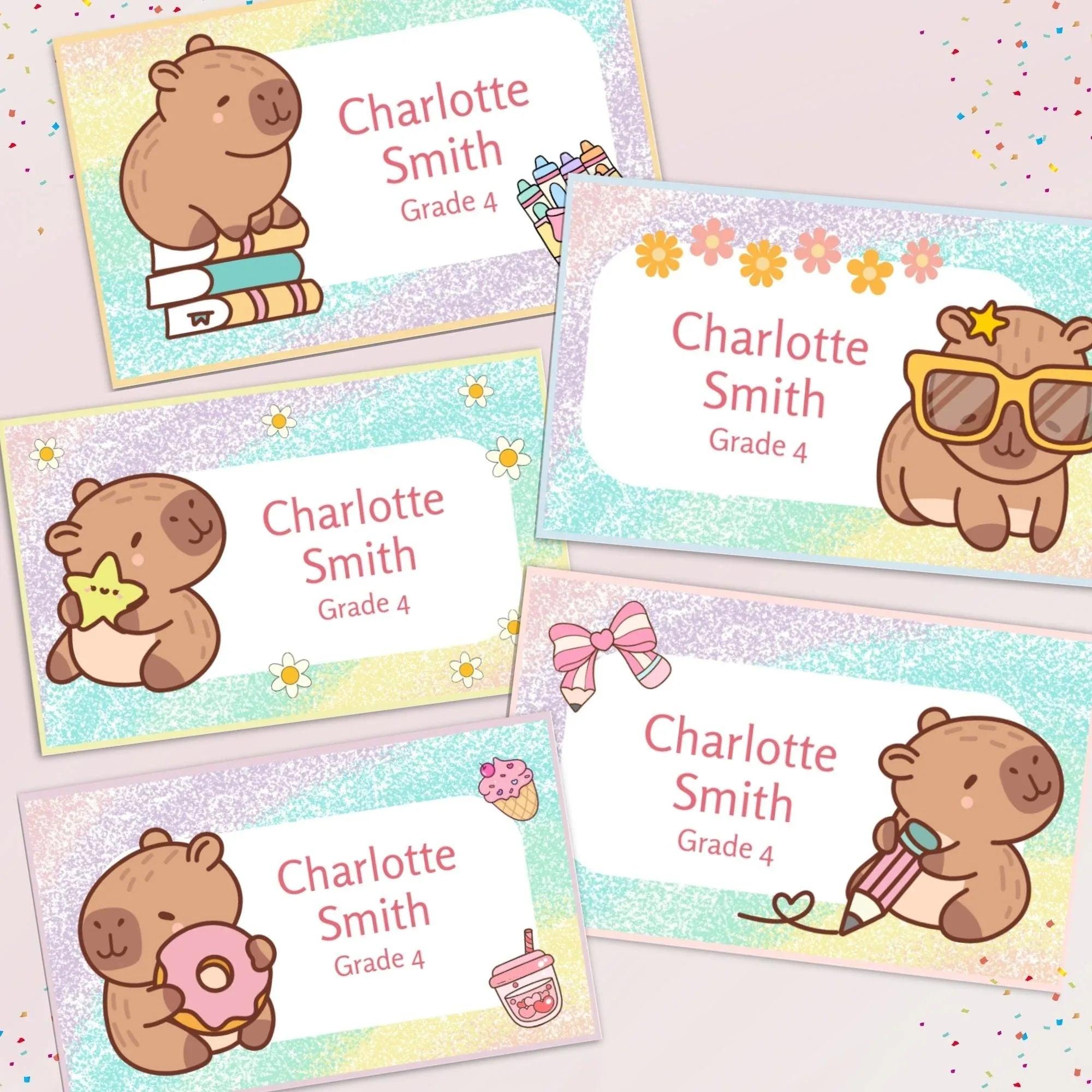 Kawaii Capybara School Name Labels – Cute Kawaii Capybara Sticker Set – Pastel Donut & Laptop Designs – Printable Name Tags for Kids - Lovely Printable Party