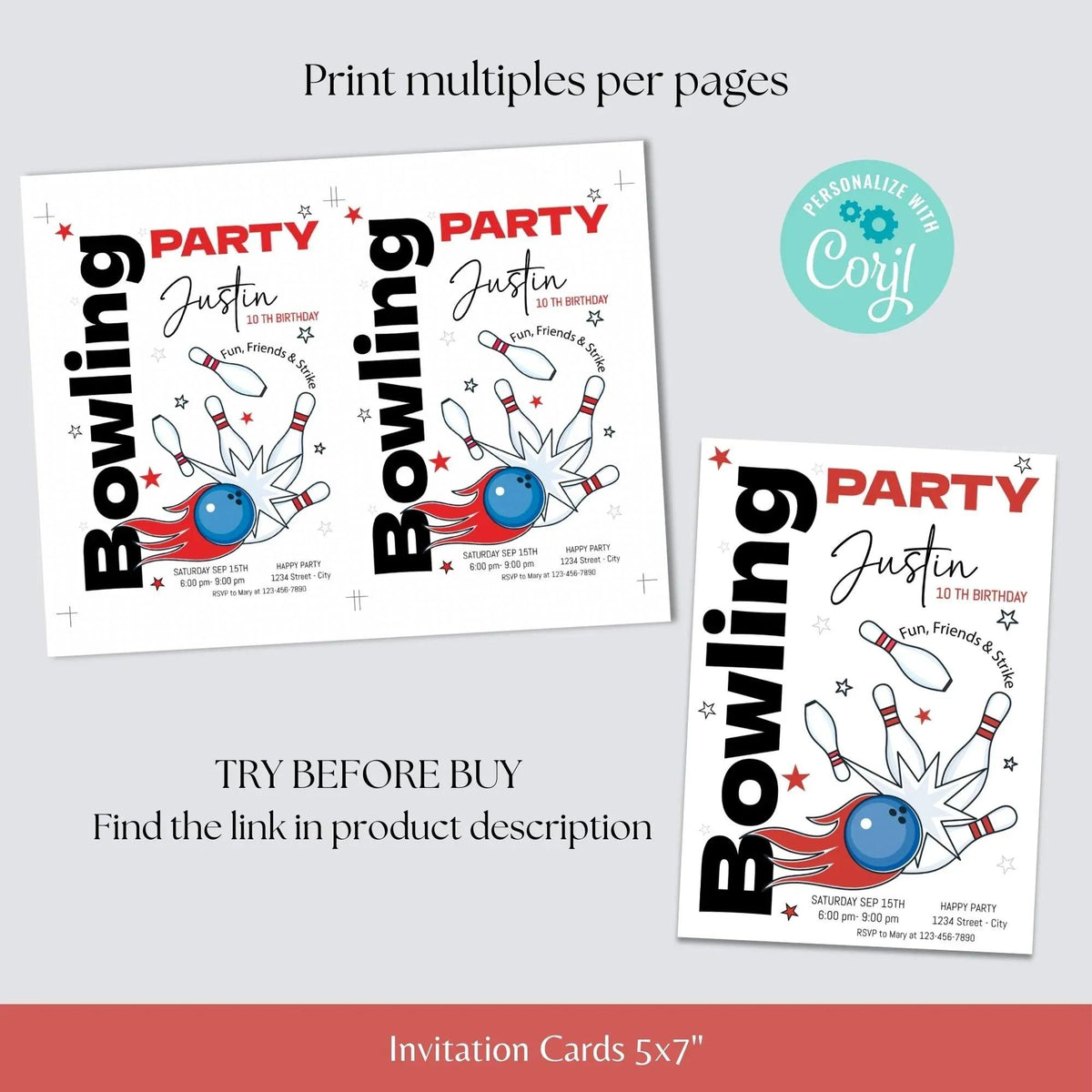 Editable Bowling Birthday Invitation and tag Minimalist - Bowling Birthday Invitation - Bowling Party tag - Customizable template - Lovely Printable Party