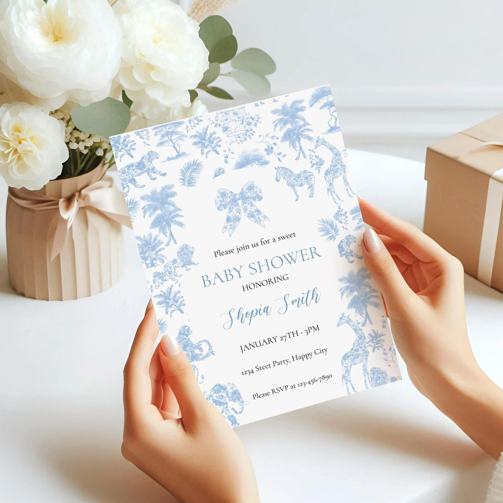 Safari Toile Baby Shower Invitation | Blue Jungle Editable Template | Corjl Digital Download for Boy Baby Shower - Lovely Printable Party