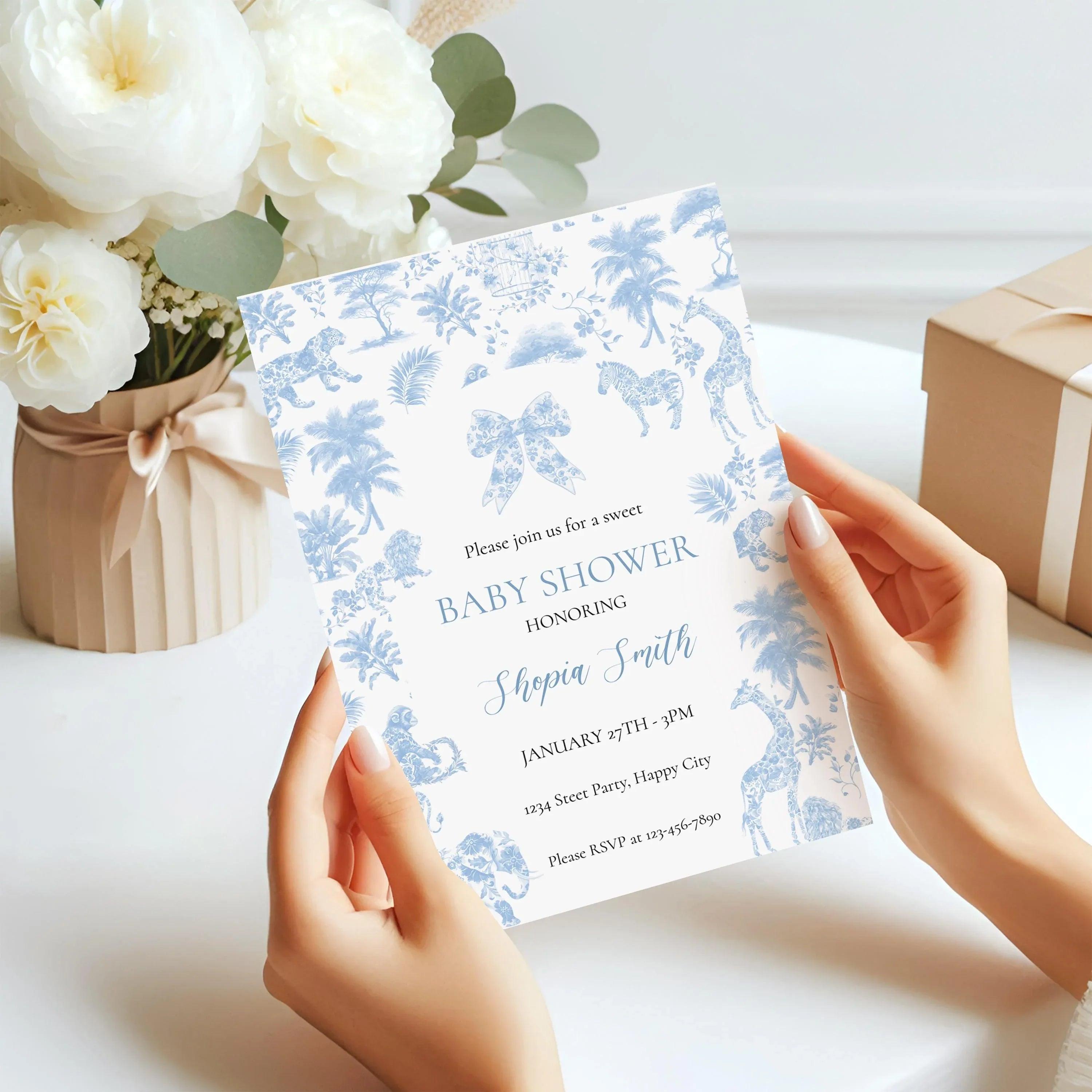 Safari Toile Baby Shower Invitation | Blue Jungle Editable Template | Corjl Digital Download for Boy Baby Shower - Lovely Printable Party