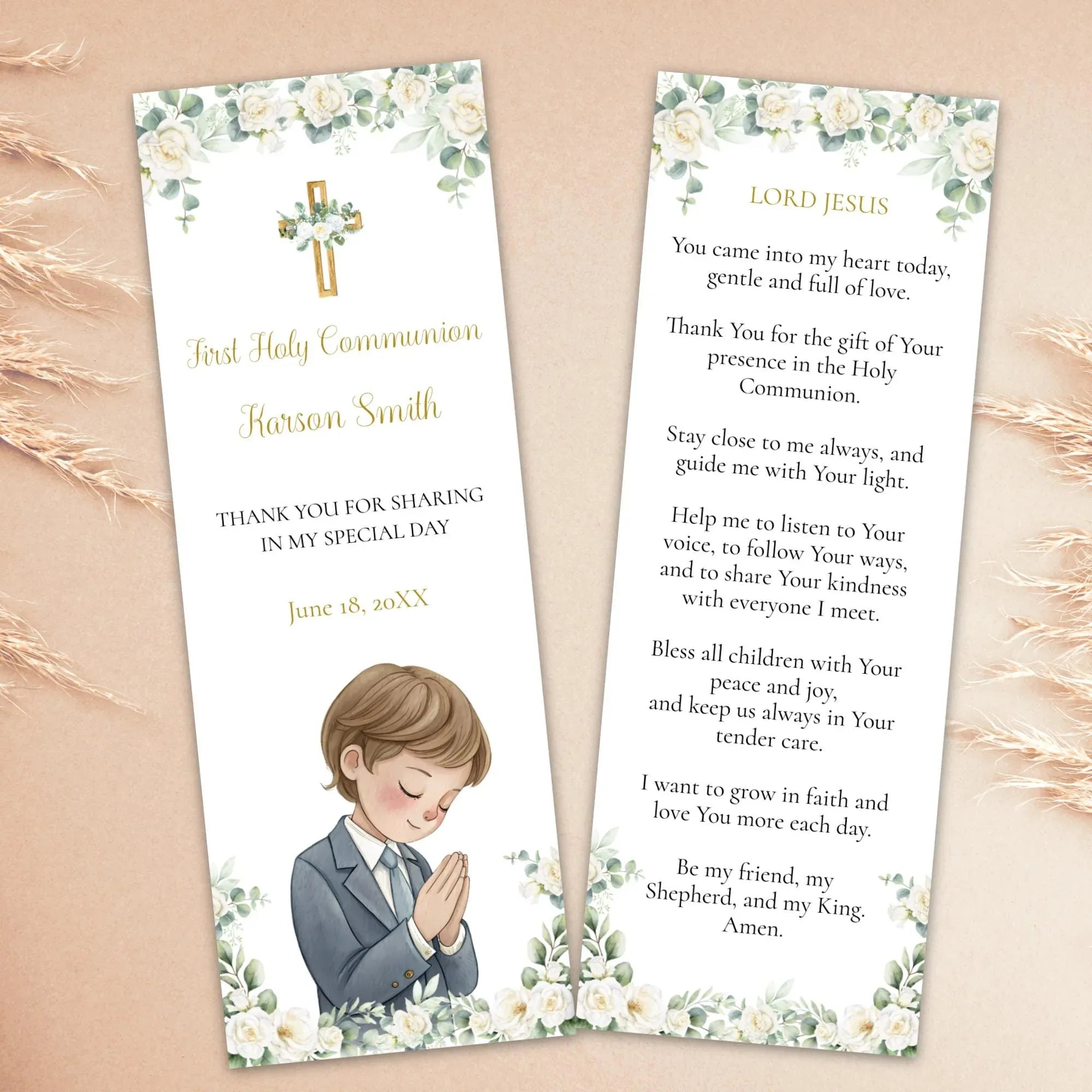 White and green Flowers First Communion Bookmark - Lovely Party