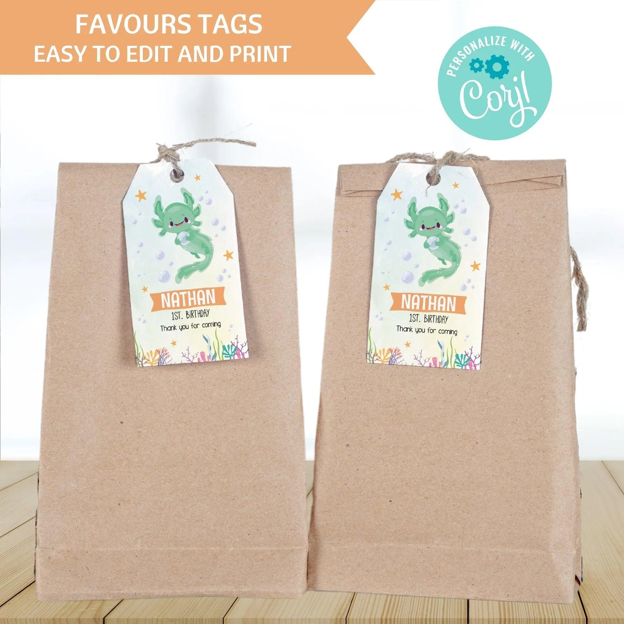 Axolotl Birthday Favor Tags | Editable Digital | Corjl Template Instant Download - Lovely Printable Party
