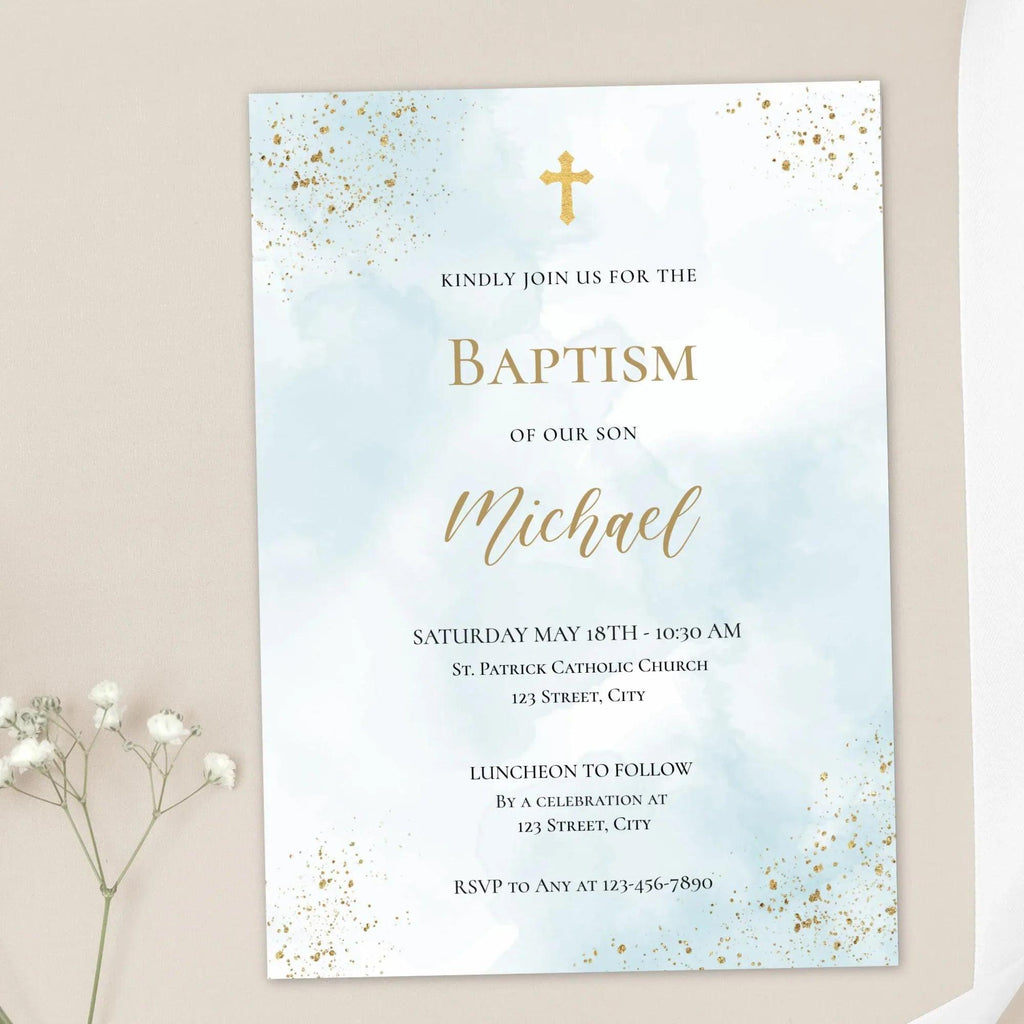 Catholic Baptism Invitation Boy | Editable Christening Invitation Template | Baby Baptism Digital Invite | Printable Baptism Card for Son - Lovely Printable Party