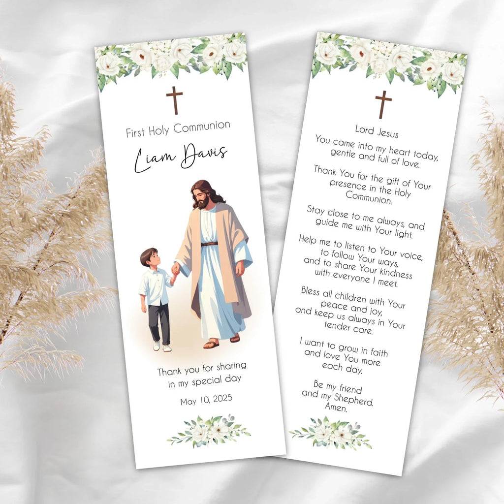 Jesus and boy white flowers Communion Bookmark - Lovely Party