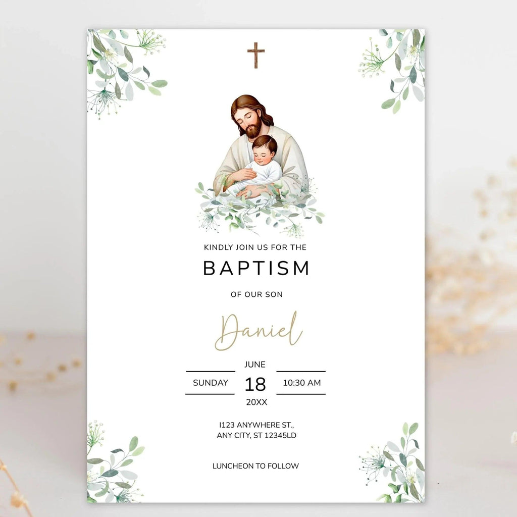 Catholic Baptism Invitation Boy | Editable Christening Invitation Template | Jesus and Baby Digital Invite | Printable Baptism Card for Son - Lovely Printable Party