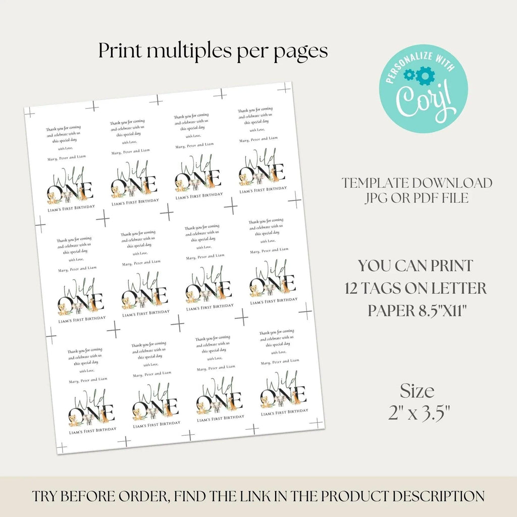 Wild One Birthday Invitation Bundle Editable | Safari Jungle Party Set Corjl | Invitation + Favor Tag + Phone Invite | Digital Printable - Lovely Printable Party