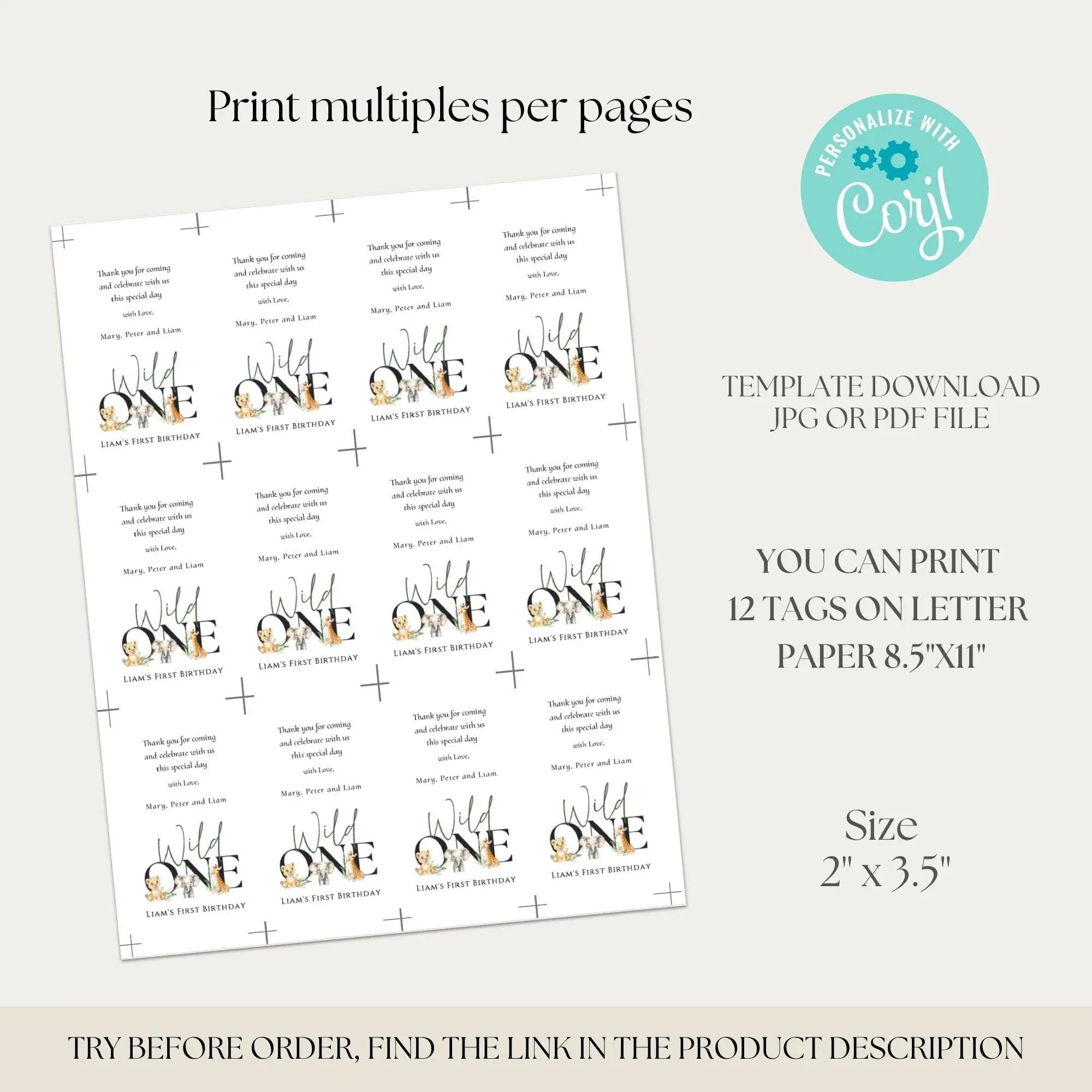 Wild One Birthday Invitation Bundle Editable | Safari Jungle Party Set Corjl | Invitation + Favor Tag + Phone Invite | Digital Printable - Lovely Printable Party