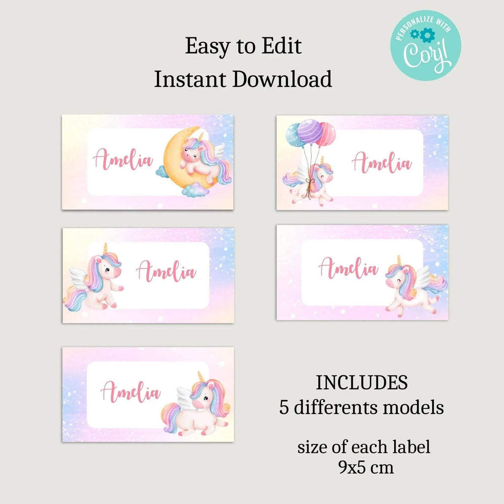 Unicorn Stickers, Kids name labels, School name labels, Classroom Labels, School supply labels, Custom text sticker - Lovely Printable Party