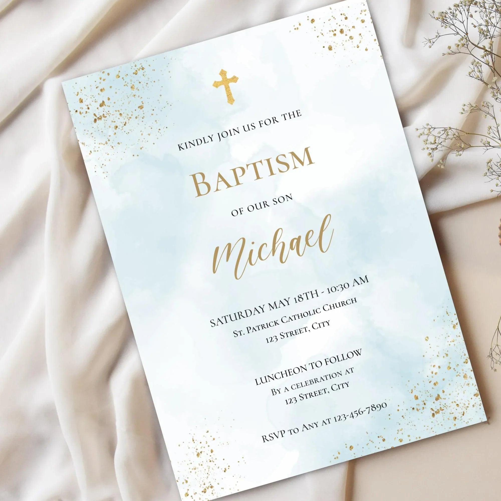 Catholic Baptism Invitation Boy | Editable Christening Invitation Template | Baby Baptism Digital Invite | Printable Baptism Card for Son - Lovely Printable Party