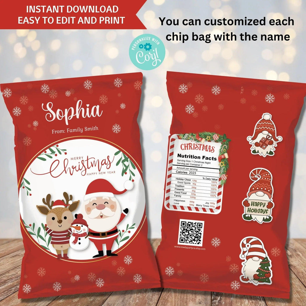 Chip Bags for Holiday Fun - Christmas template | Editable - Lovely Printable Party