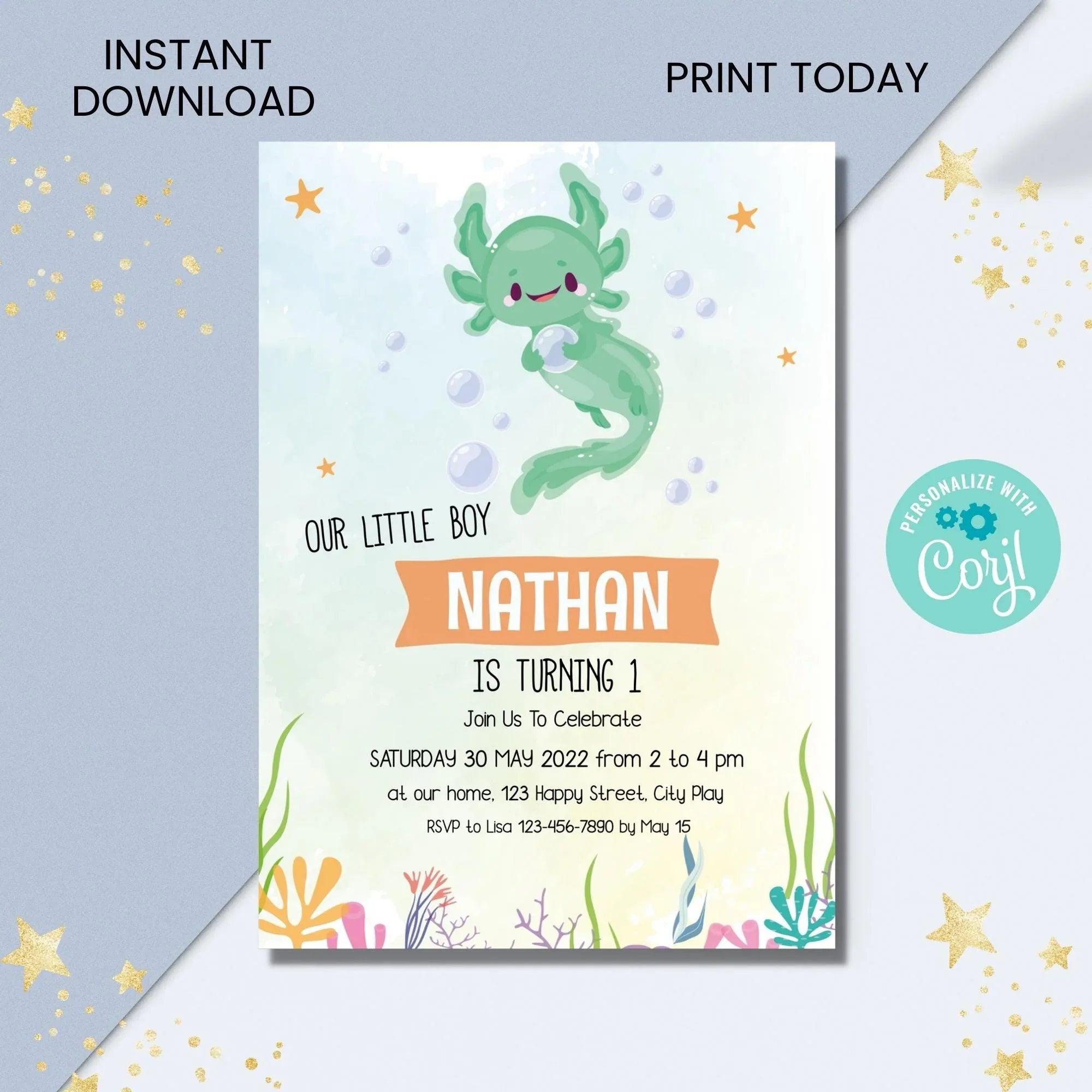 Axolotl Birthday Invitation Instant Download Digital Template - Lovely Printable Party