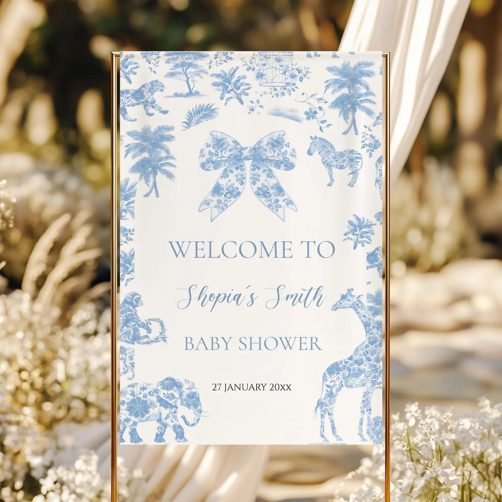 Blue Toile de Jouy Baby Shower Bundle – Invitation, Welcome Sign & Favor Tag – Safari Jungle Animals Party Set – Editable and Printable - Lovely Printable Party