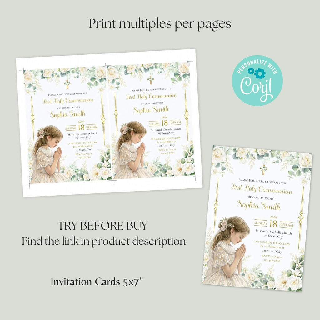 First Holy Communion, Invitation Template, Girl First Communion Invite, Editable First Communion Invitation Girl, Instant Download - Lovely Printable Party