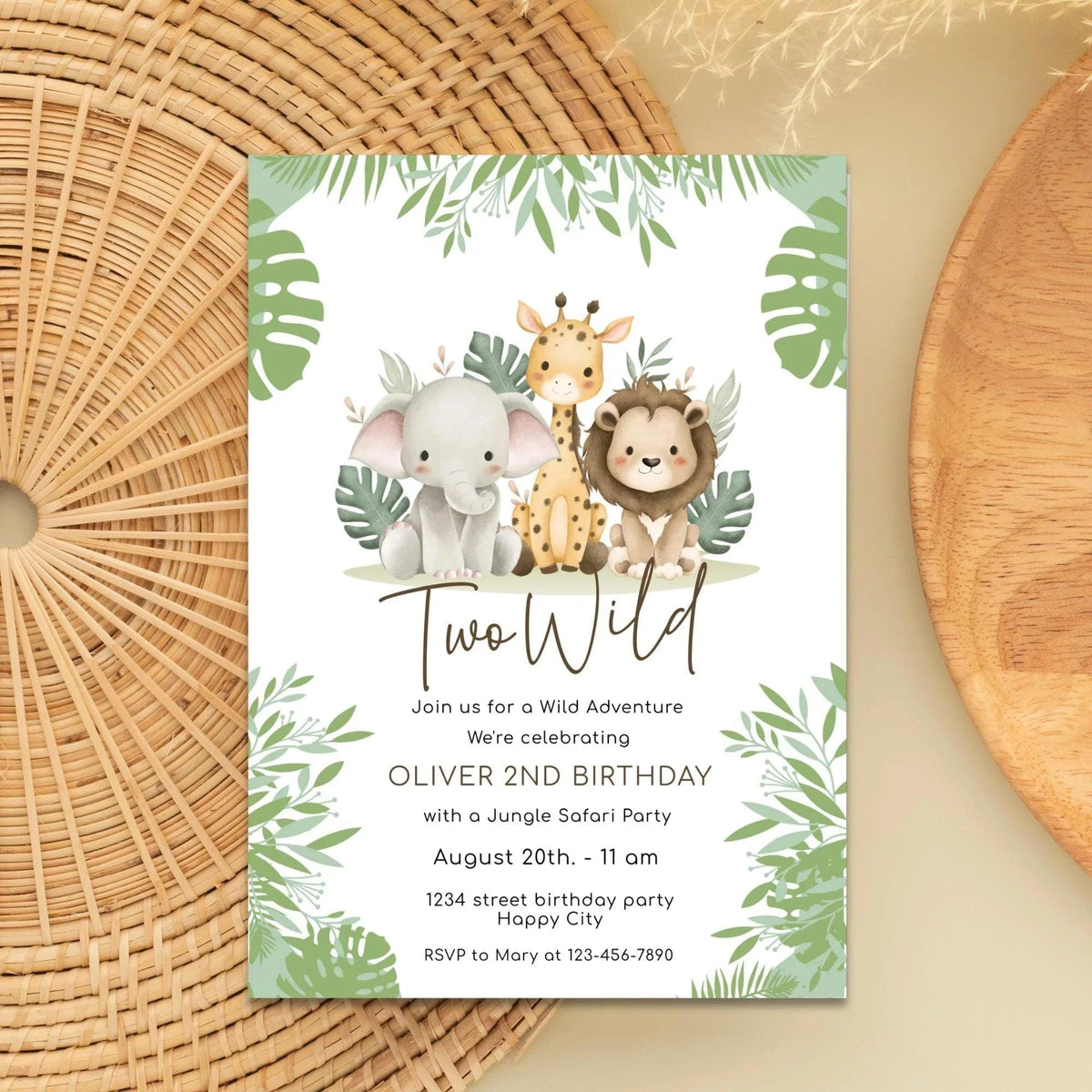 Two Wild 2nd Birthday Invitation Editable | Safari Jungle Party Invite Corjl | Digital Printable for Boy or Girl Birthday - Lovely Printable Party