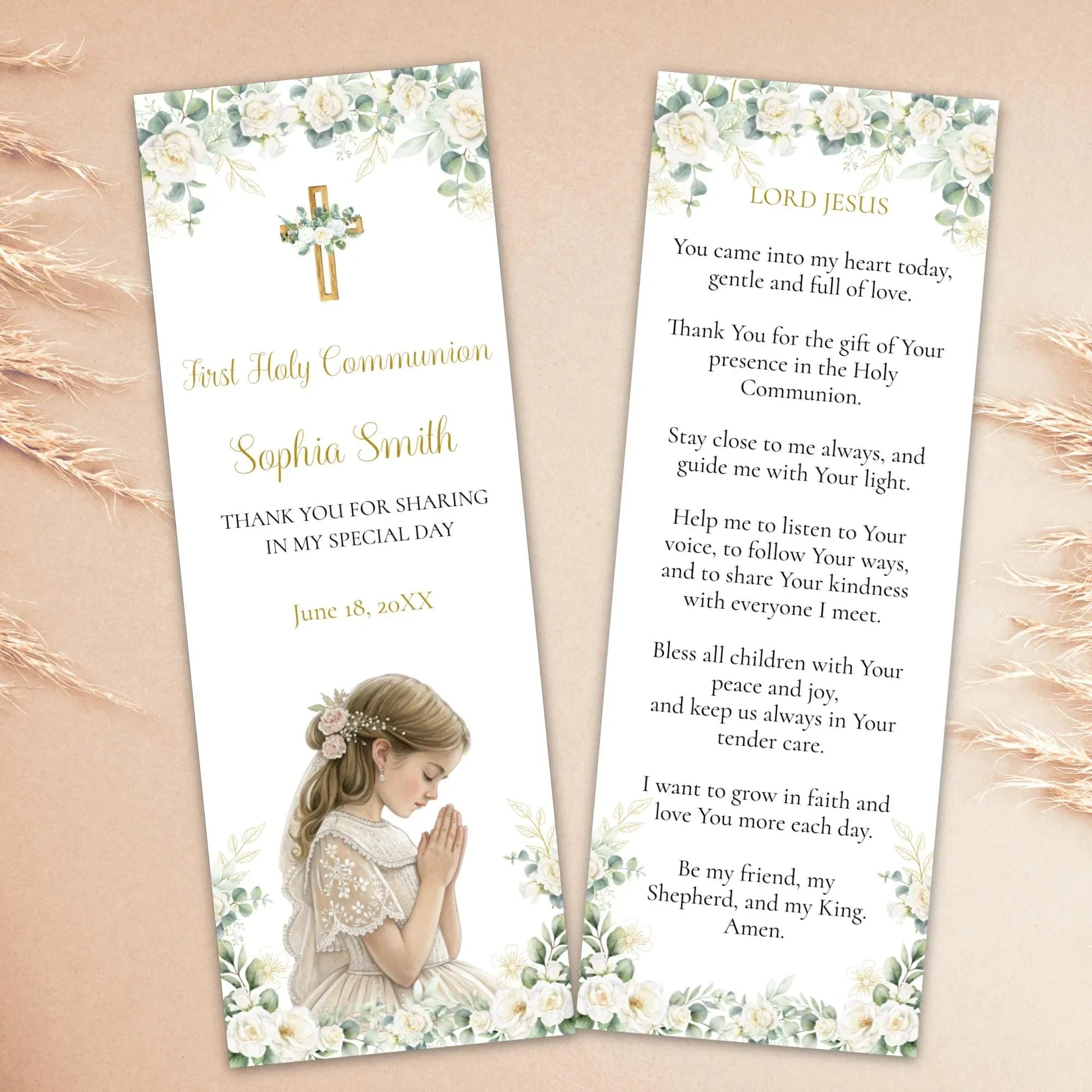 First communion Green and white flowers Bookmark - Lovely Party