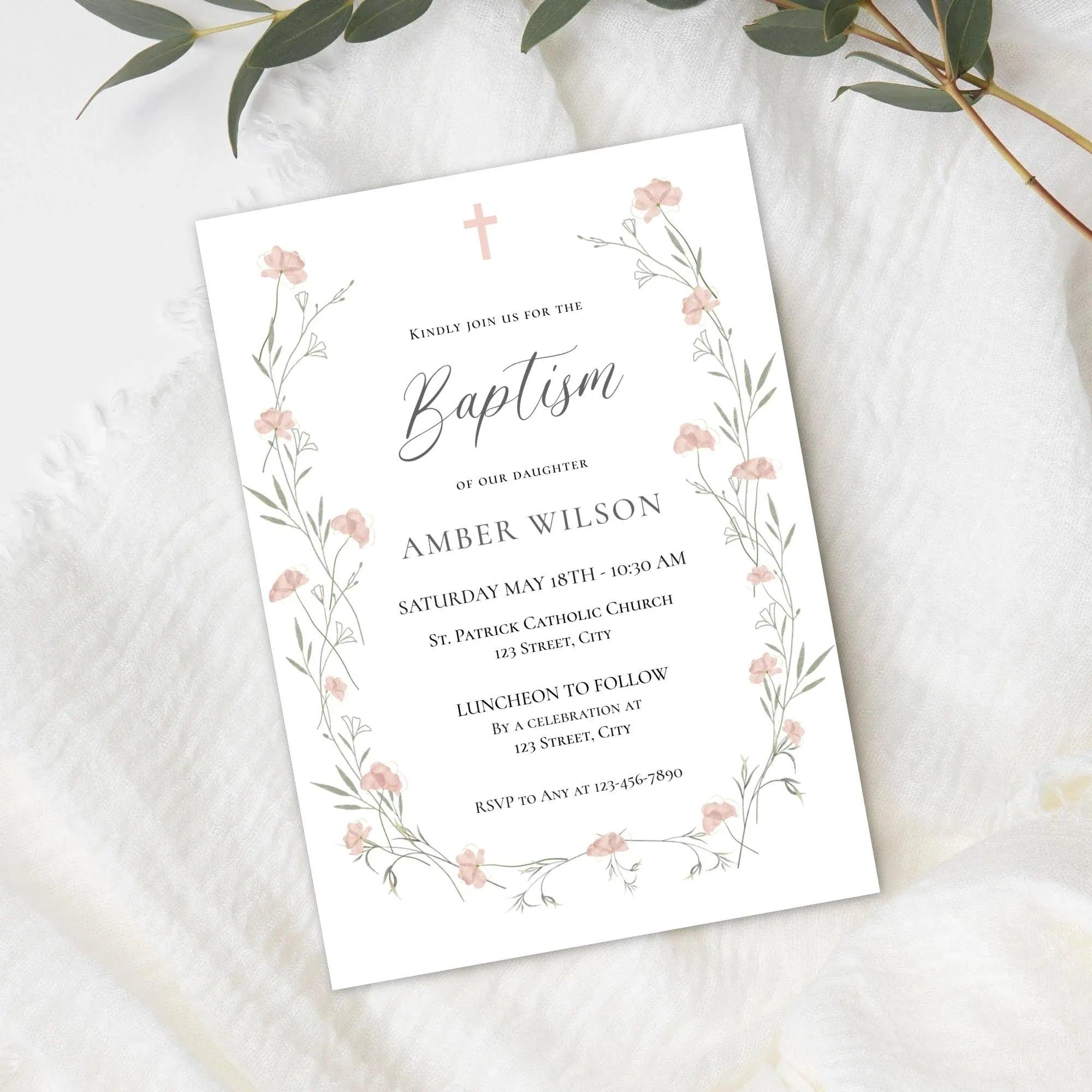 Baptism Invitation Girl Editable – Pink Floral Corjl Template – Wildflowers Christening Invite – Printable Digital File - Lovely Printable Party