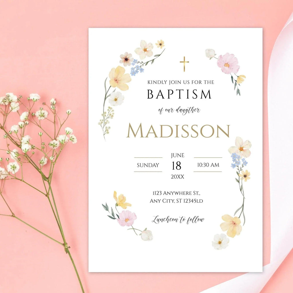 Wildflower Baptism Invitation Template – Digital Download for Baby Girl Christening – Editable Floral Printable with Gold Accents - Lovely Printable Party