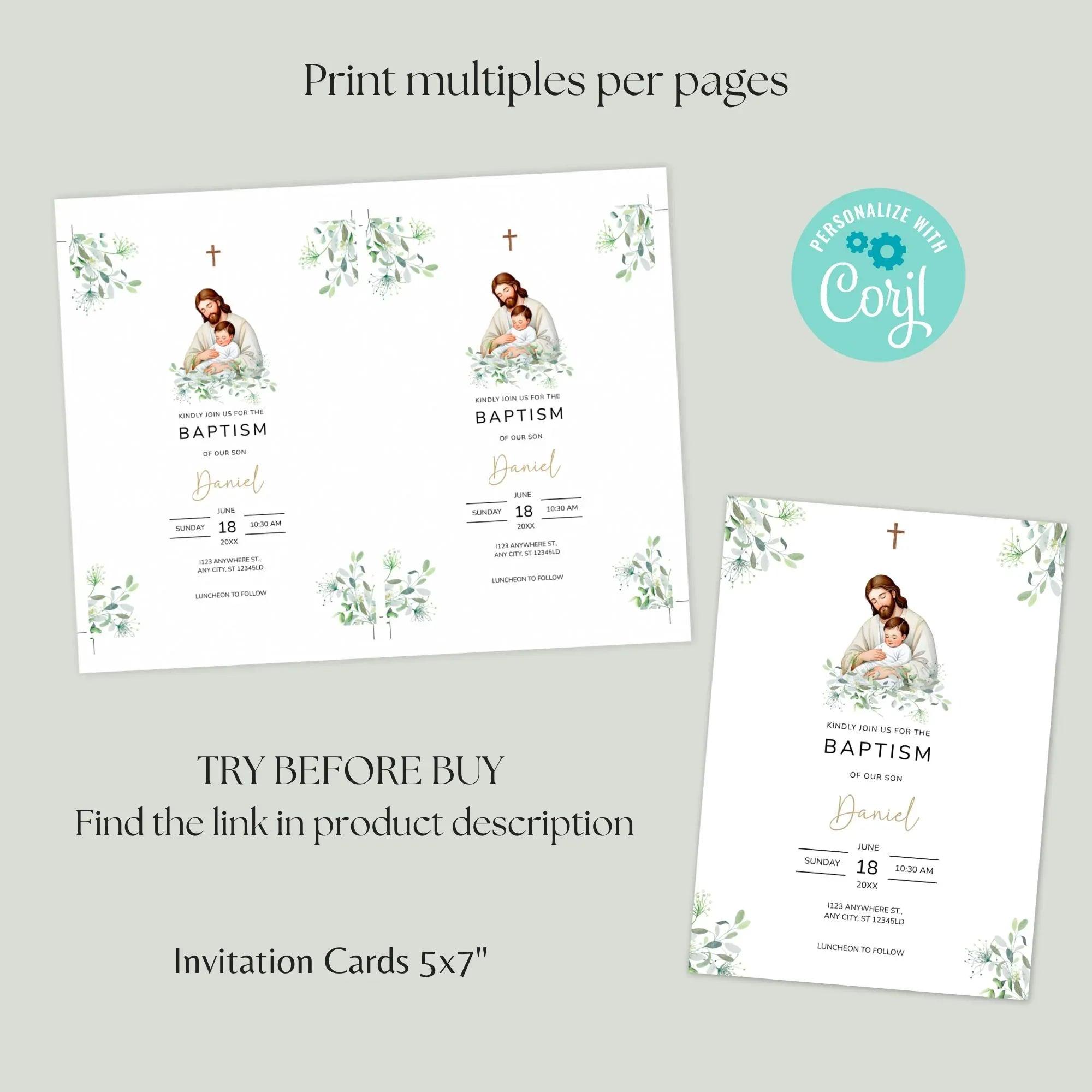 Catholic Baptism Invitation Boy | Editable Christening Invitation Template | Jesus and Baby Digital Invite | Printable Baptism Card for Son - Lovely Printable Party