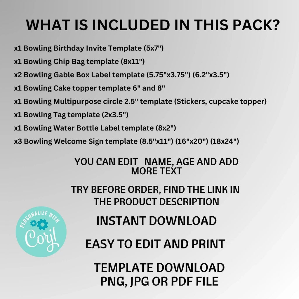 Bowling Party Decorations | Editable Bowling Birthday Package | Bowling Printable Party Supplies - Lovely Printable Party