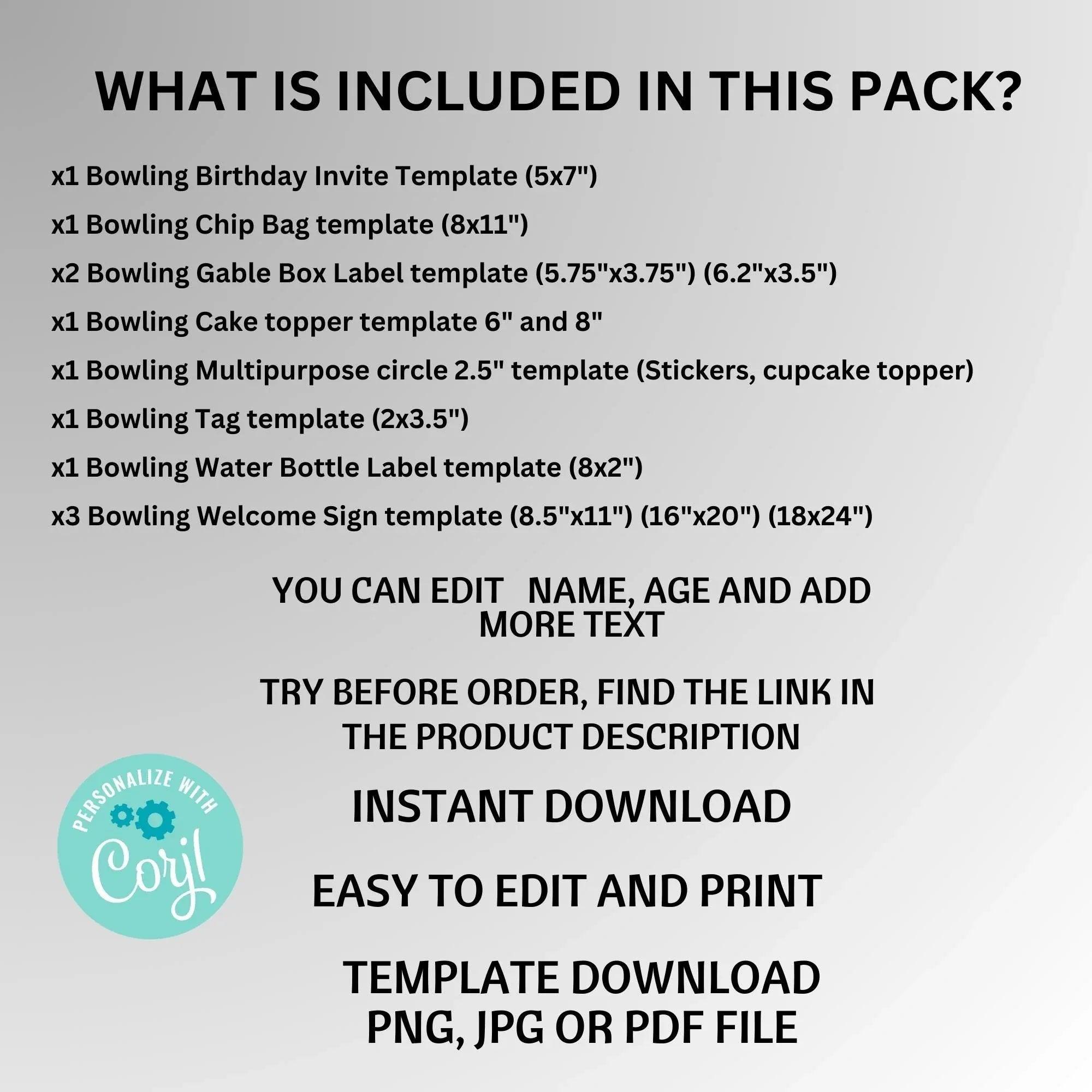 Bowling Party Decorations | Editable Bowling Birthday Package | Bowling Printable Party Supplies - Lovely Printable Party
