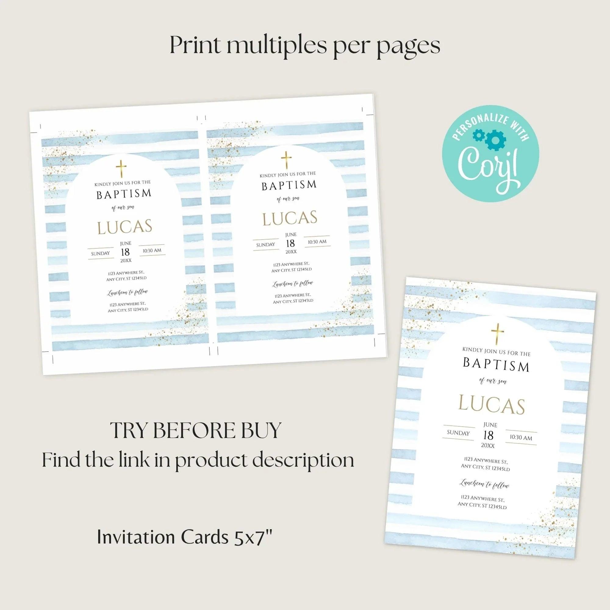 Editable Boy Baptism Invitation | Blue Gold Christening Template | Catholic Baptism Corjl | Instant Download Digital Invite - Lovely Printable Party