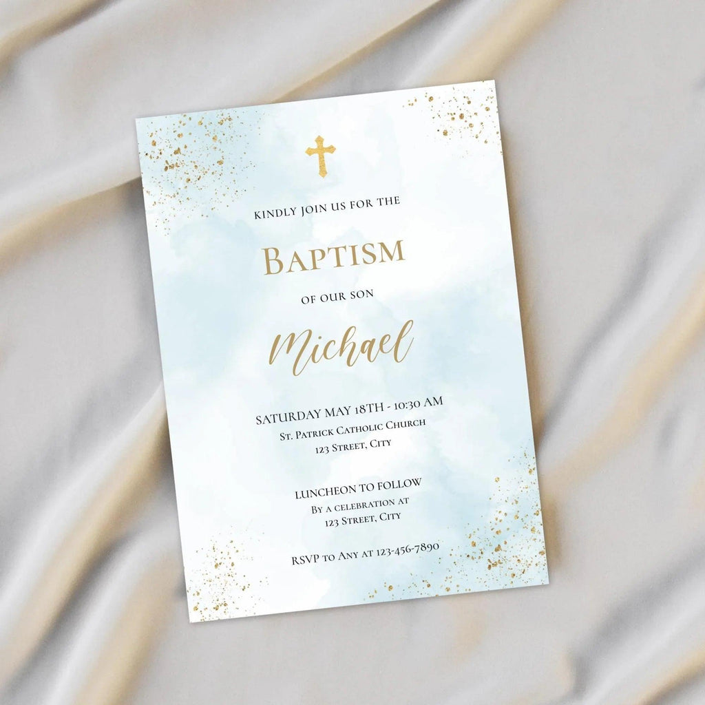 Catholic Baptism Invitation Boy | Editable Christening Invitation Template | Baby Baptism Digital Invite | Printable Baptism Card for Son - Lovely Printable Party