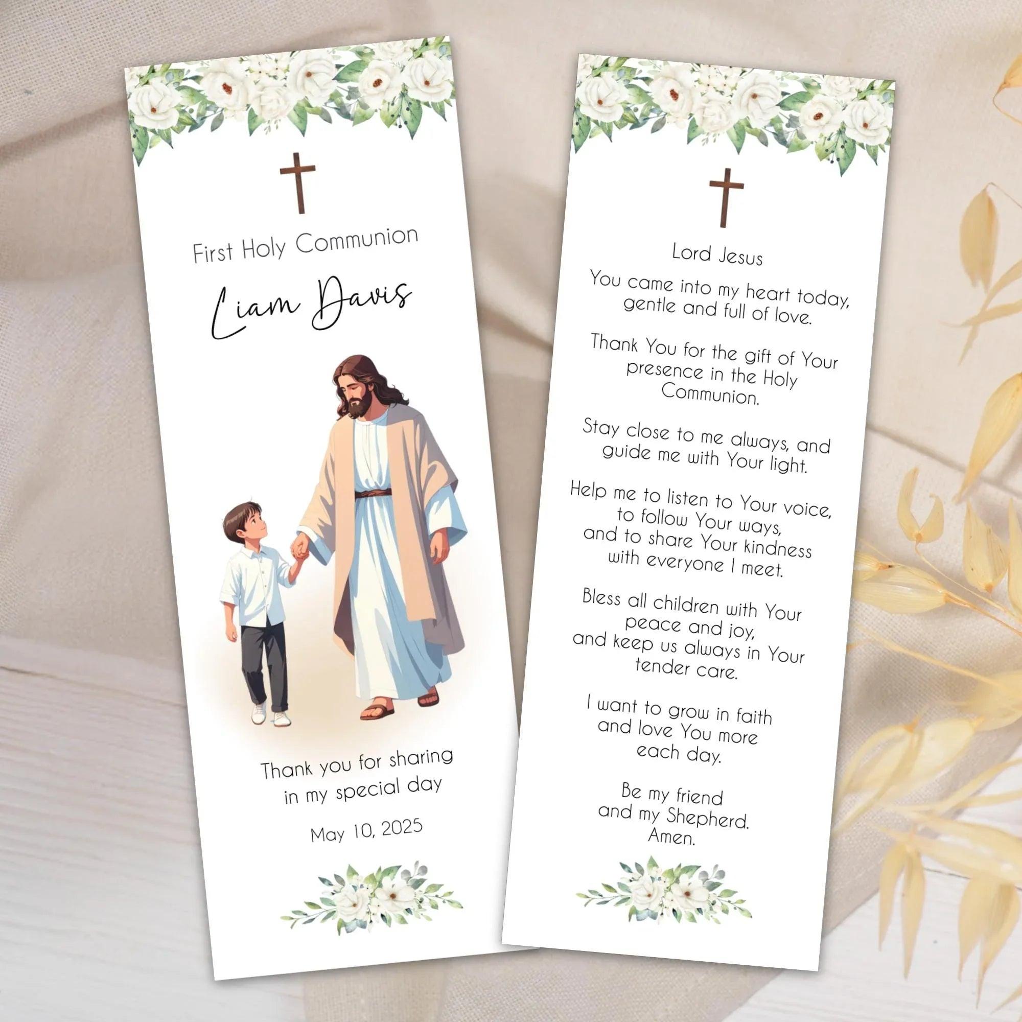 Jesus and boy white flowers Communion Bookmark - Lovely Party