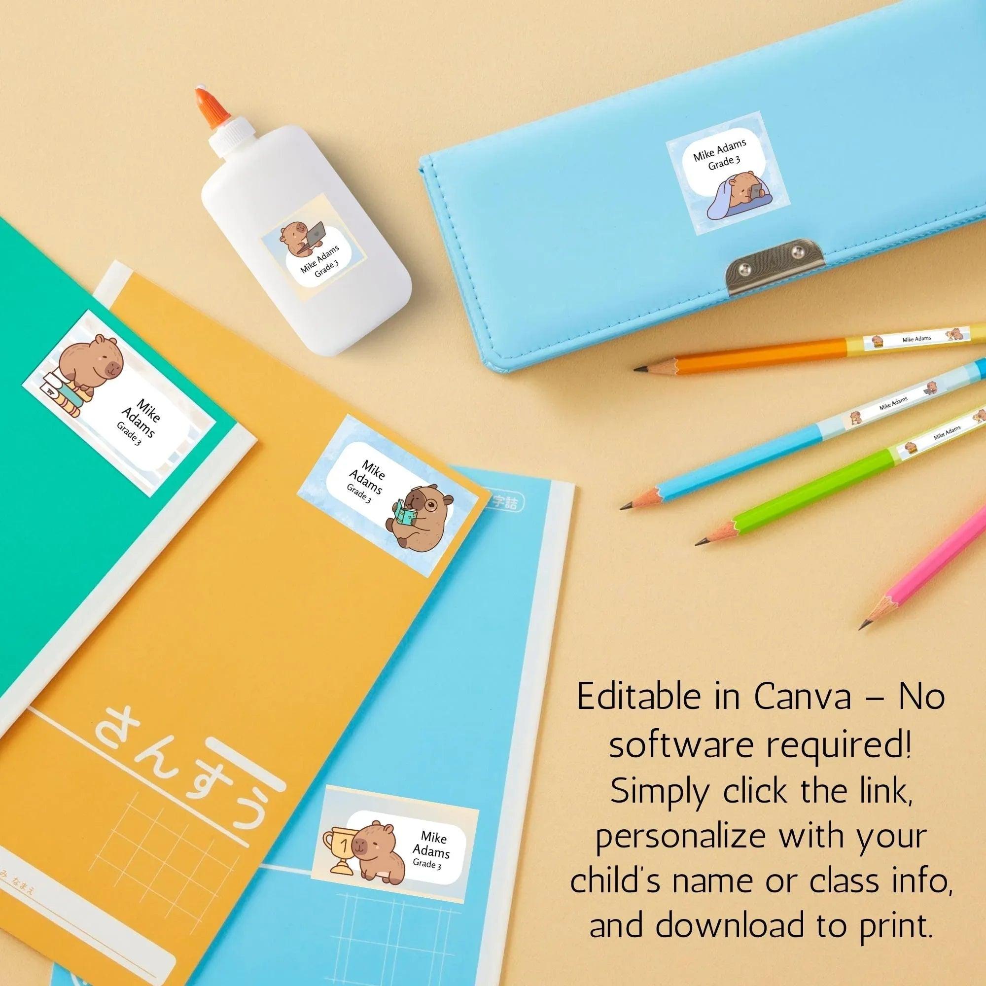 Kawaii Capybara School Name Labels – Cute Kawaii Capybara Sticker Set – Pastel Donut & Laptop Designs – Printable Name Tags for Kids - Lovely Printable Party