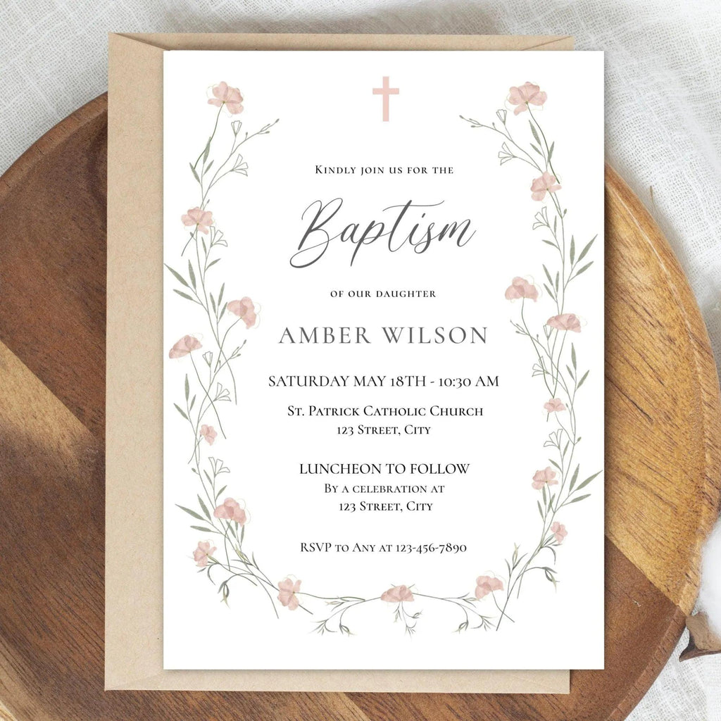 Baptism Invitation Girl Editable – Pink Floral Corjl Template – Wildflowers Christening Invite – Printable Digital File - Lovely Printable Party